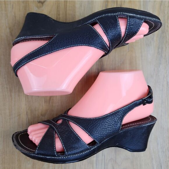 🐞Dockers Black Leather Wedge Sandals Size 6 - Picture 3 of 12